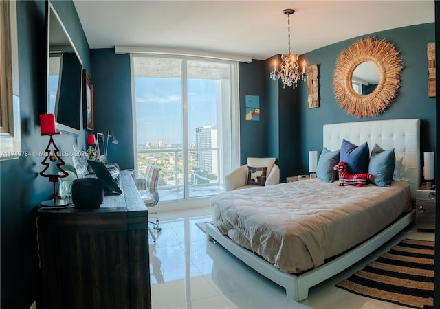 bedroom with tile patterned flooring, a notable chandelier, and expansive windows