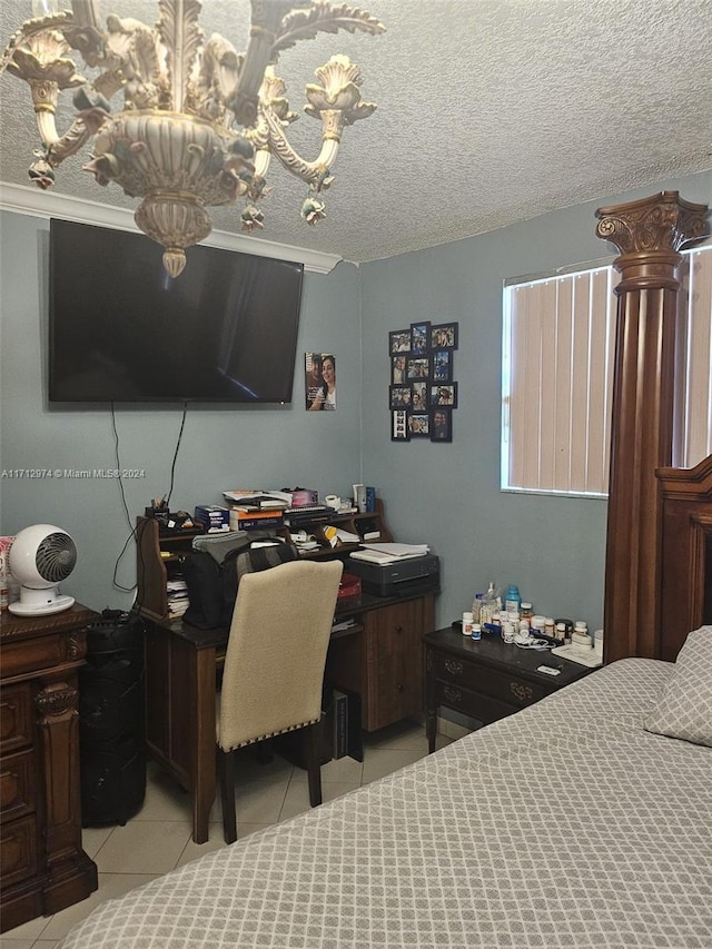 tiled bedroom with a textured ceiling