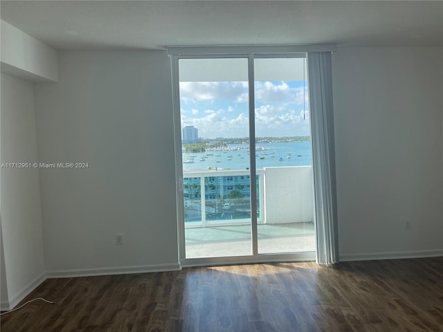 unfurnished room with dark hardwood / wood-style floors, plenty of natural light, and a water view