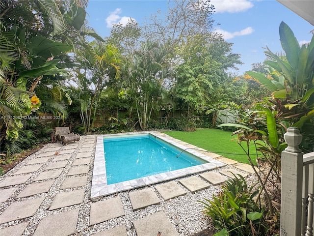 view of swimming pool with a lawn and a patio