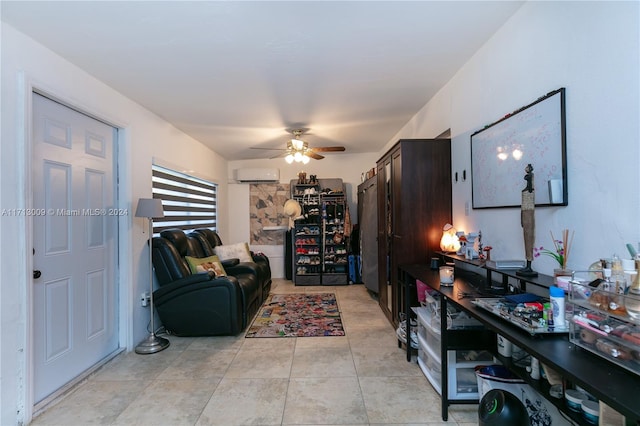 tiled living room featuring ceiling fan and a wall unit AC