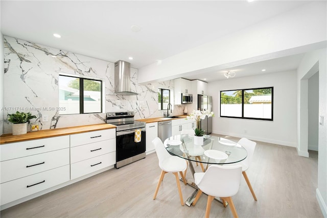 kitchen featuring butcher block counters, wall chimney exhaust hood, appliances with stainless steel finishes, white cabinetry, and backsplash