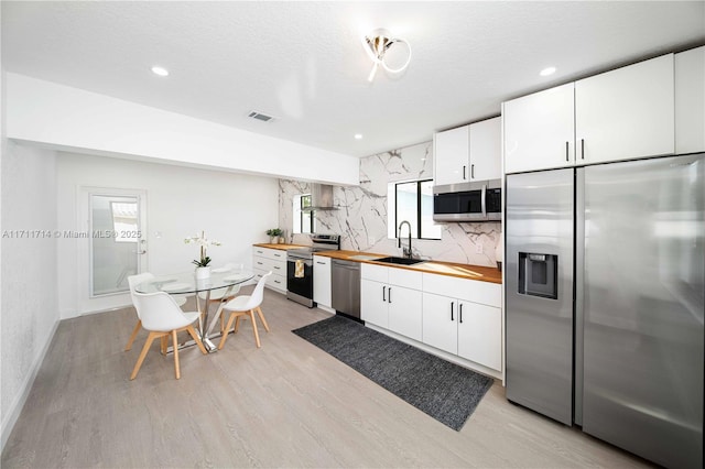 kitchen with visible vents, appliances with stainless steel finishes, white cabinets, a sink, and butcher block countertops