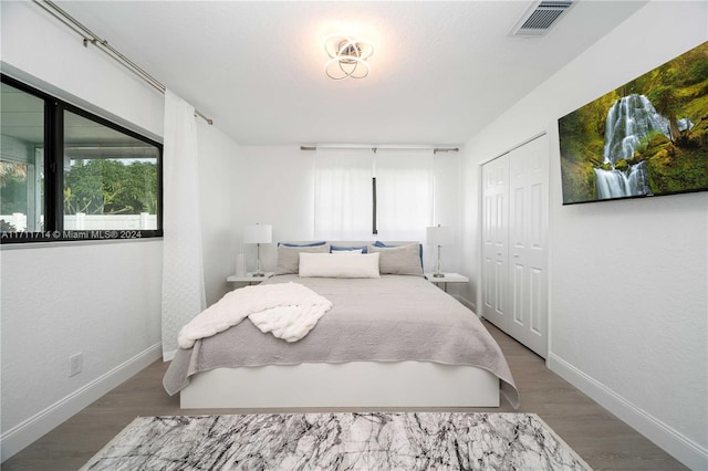 bedroom with dark hardwood / wood-style floors and a closet