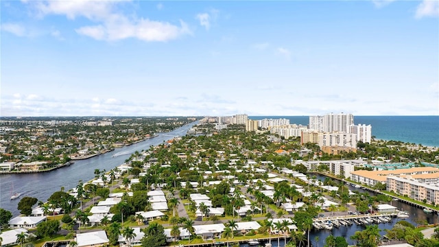 drone / aerial view featuring a water view