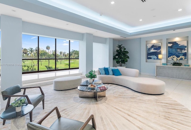 living room with a raised ceiling