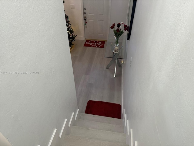 stairway with hardwood / wood-style floors