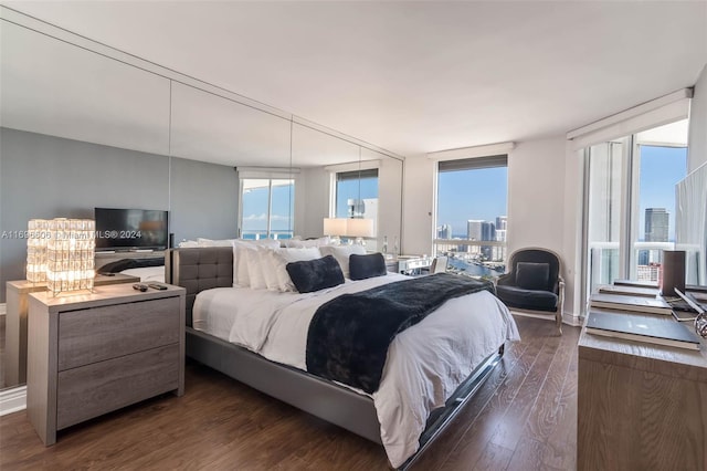 bedroom featuring multiple windows and dark hardwood / wood-style flooring