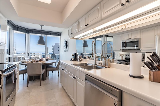 kitchen featuring stainless steel appliances, a raised ceiling, sink, pendant lighting, and white cabinets