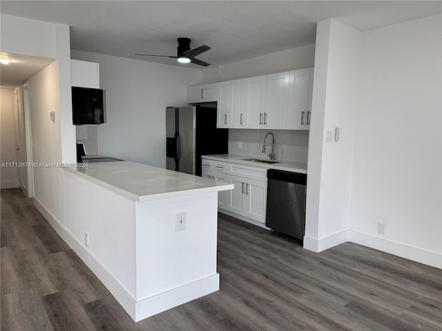 kitchen with sink, kitchen peninsula, dark hardwood / wood-style floors, white cabinetry, and stainless steel appliances