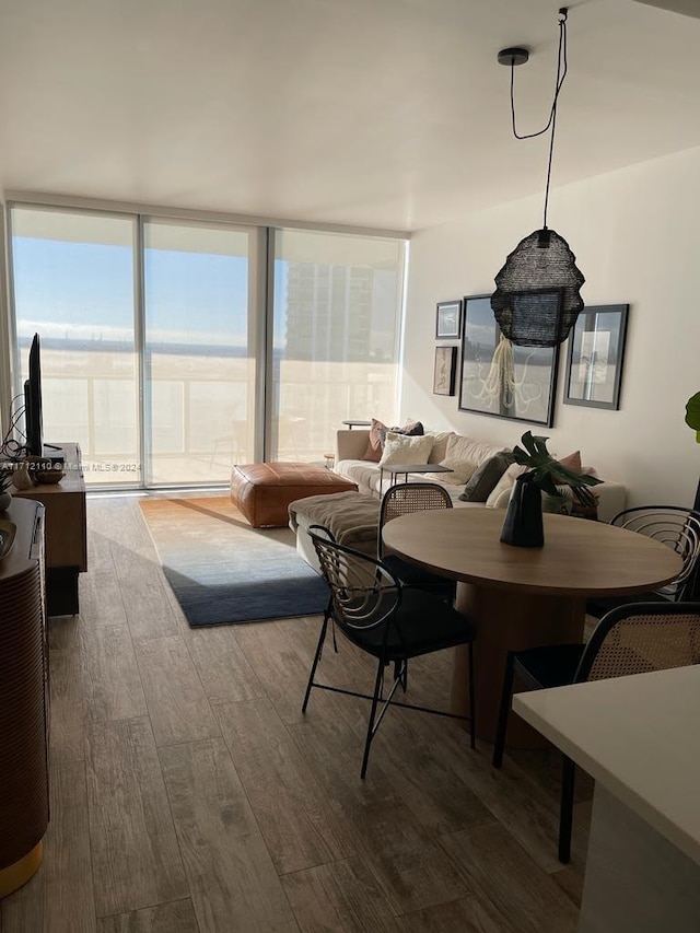 dining space featuring dark hardwood / wood-style flooring and a wall of windows