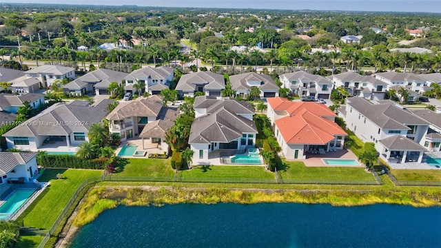 bird's eye view with a water view