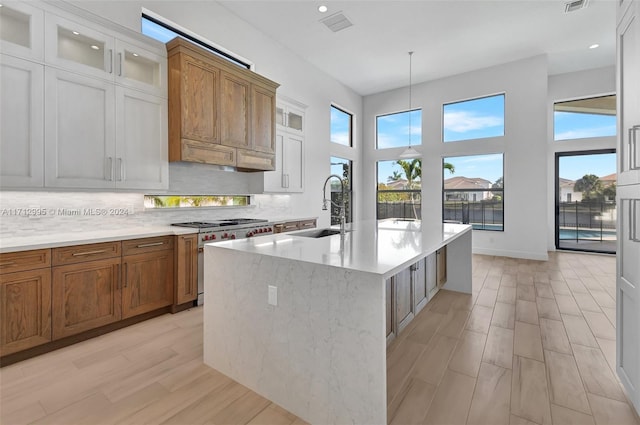 kitchen with white cabinetry, sink, light hardwood / wood-style floors, high end stainless steel range, and a center island with sink