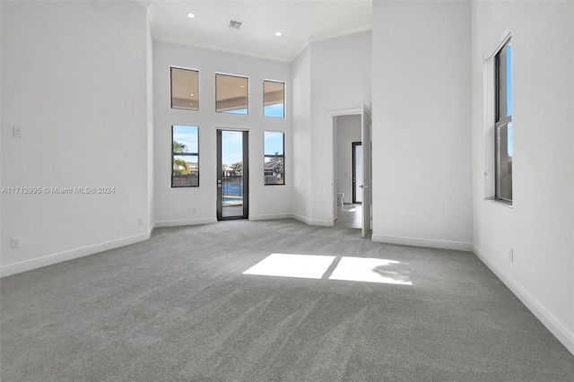 spare room with light colored carpet, a high ceiling, and ornamental molding