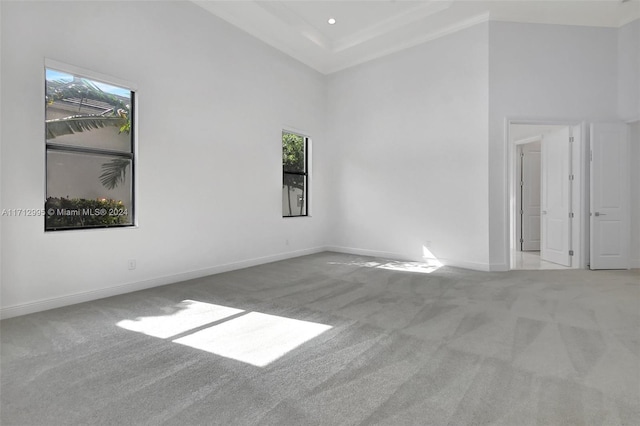 unfurnished room with a towering ceiling and light carpet