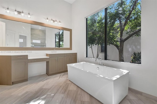 bathroom featuring a bath, vanity, and a healthy amount of sunlight