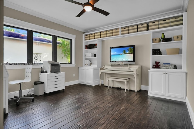 home office with ceiling fan, ornamental molding, and dark hardwood / wood-style flooring