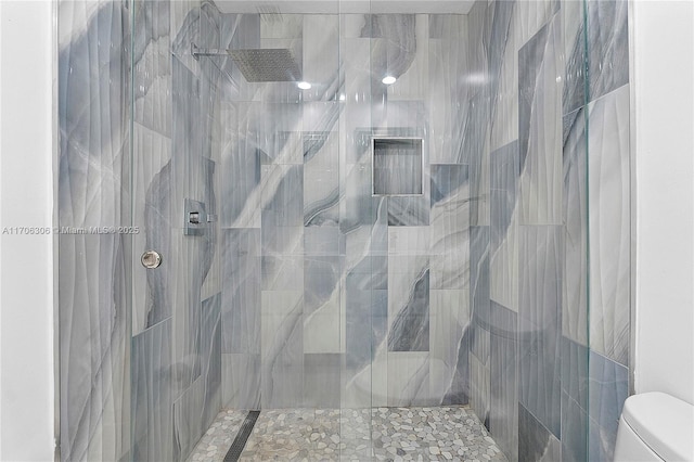 bathroom featuring a tile shower and toilet