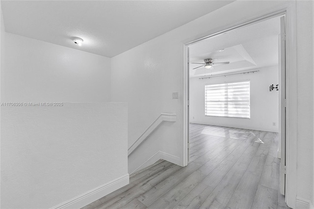 corridor with a raised ceiling and light hardwood / wood-style flooring