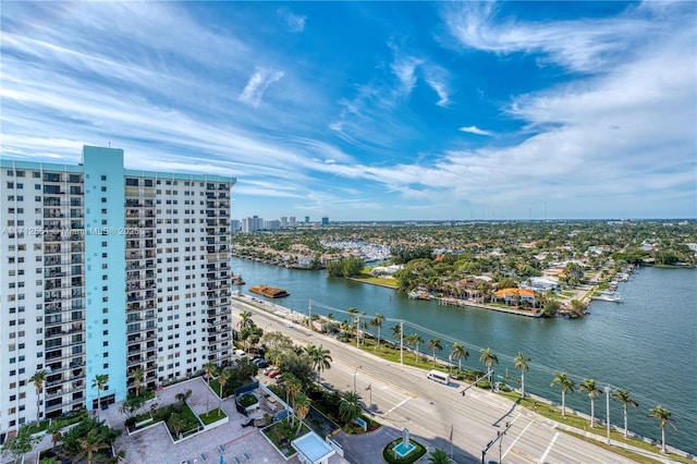 aerial view with a city view and a water view