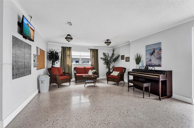 living area featuring mail boxes, a textured ceiling, and ornamental molding