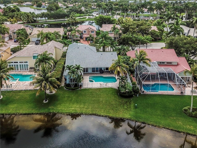 bird's eye view with a water view