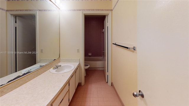 full bathroom with tile patterned flooring, vanity,  shower combination, and toilet