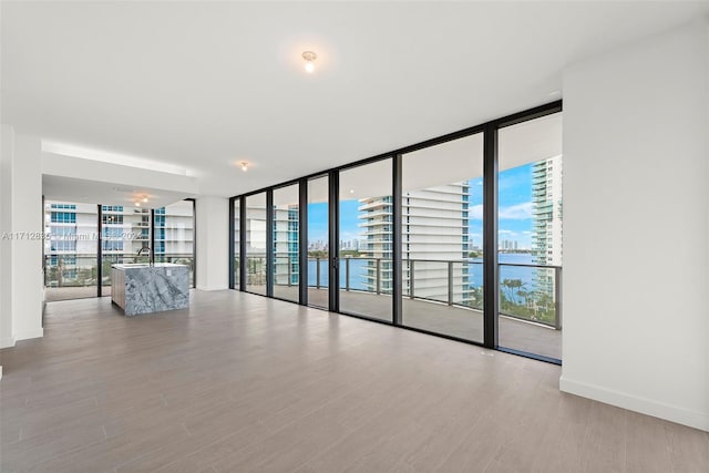 spare room featuring floor to ceiling windows, light hardwood / wood-style flooring, and a water view