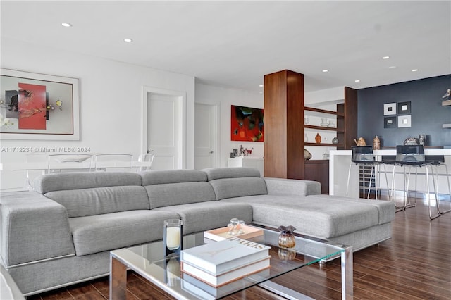 living room featuring dark wood-type flooring