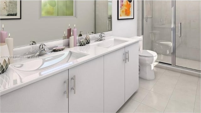 bathroom featuring tile patterned floors, a shower with door, vanity, and toilet