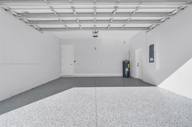 garage with a garage door opener and electric water heater