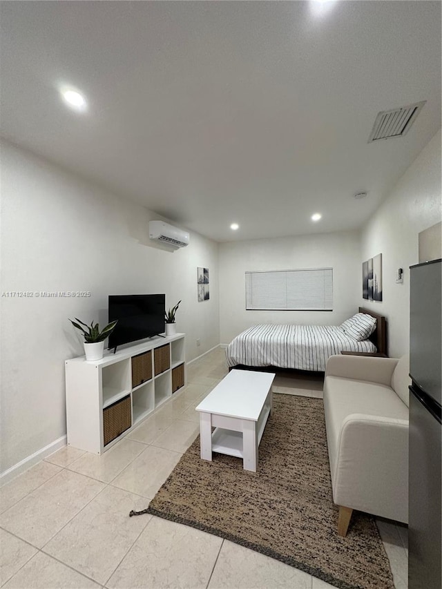 bedroom featuring recessed lighting, light tile patterned floors, baseboards, visible vents, and a wall mounted air conditioner