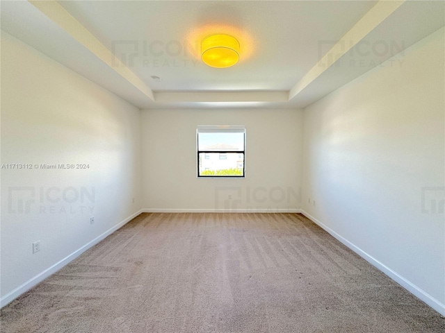 unfurnished room featuring light carpet and a tray ceiling