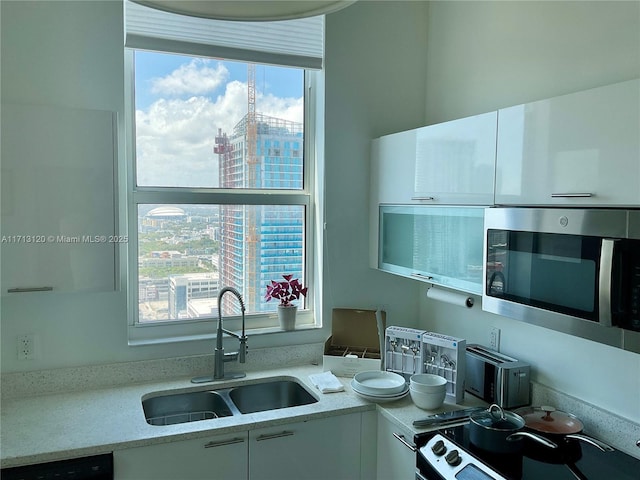 kitchen featuring stainless steel microwave, black dishwasher, electric stove, white cabinets, and a sink