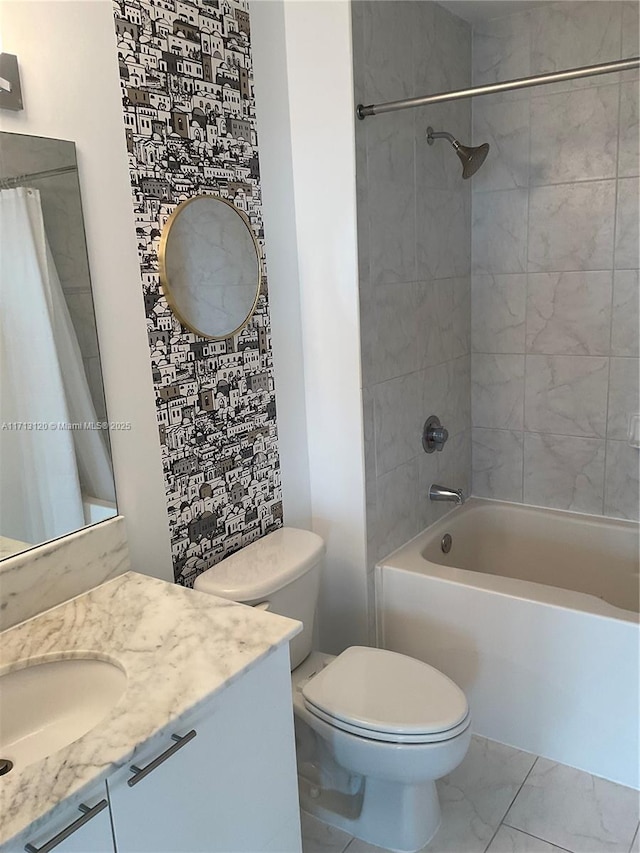 full bathroom featuring vanity, toilet, shower / bathtub combination with curtain, and marble finish floor