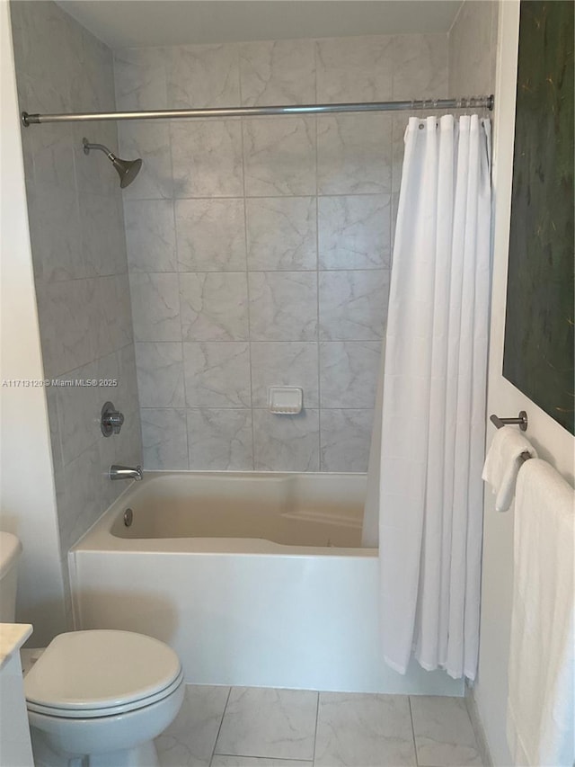 full bath with shower / bathtub combination with curtain, toilet, marble finish floor, and vanity