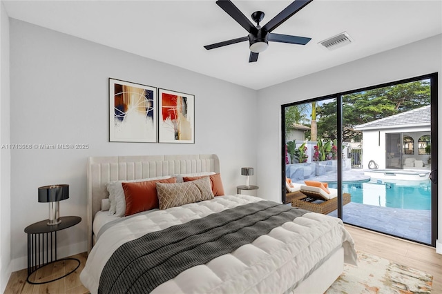bedroom with visible vents, baseboards, access to outside, wood finished floors, and a ceiling fan