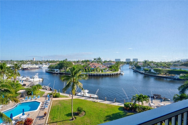 water view featuring a boat dock and boat lift