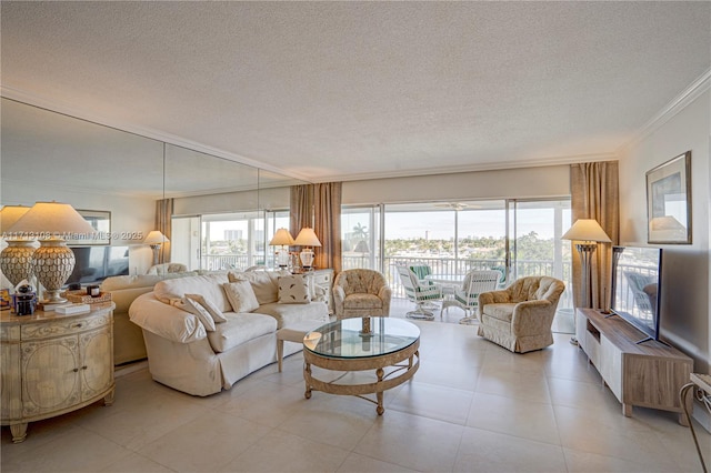 living room featuring ornamental molding, a textured ceiling, and light tile patterned flooring