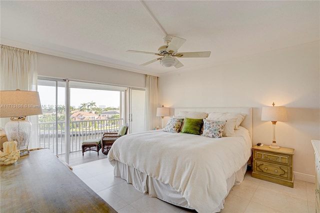 tiled bedroom featuring access to exterior and ceiling fan