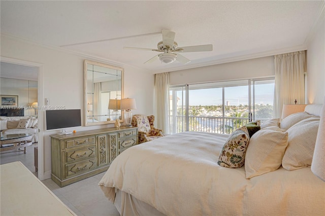 bedroom with crown molding, ceiling fan, and access to exterior