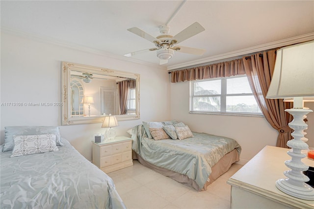 bedroom featuring a ceiling fan, crown molding, and light tile patterned floors
