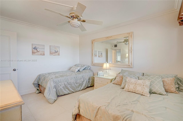 bedroom with ceiling fan, crown molding, visible vents, and light tile patterned floors