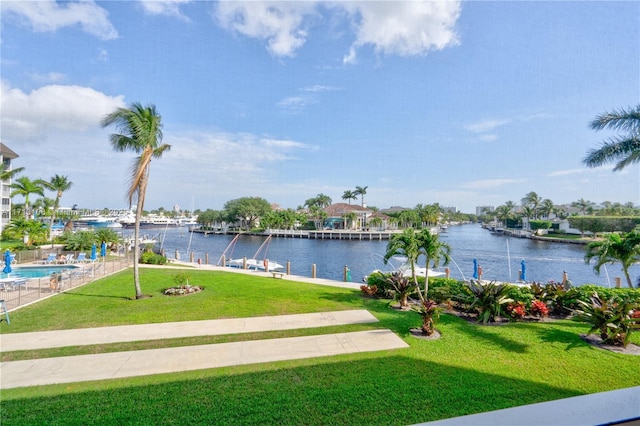 property view of water with a dock and fence