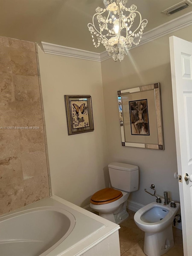 bathroom with tile patterned floors, crown molding, a bidet, and an inviting chandelier