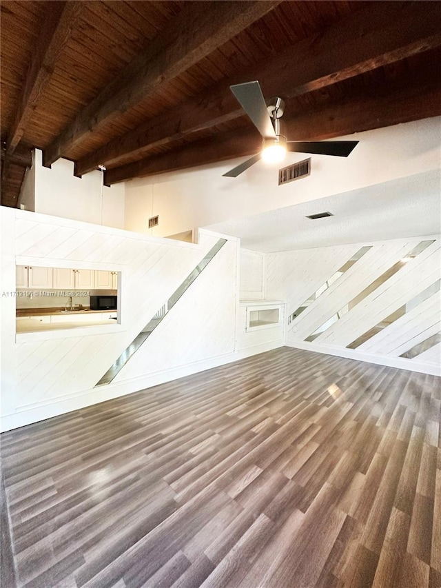 interior space featuring beam ceiling, wood-type flooring, and wood ceiling