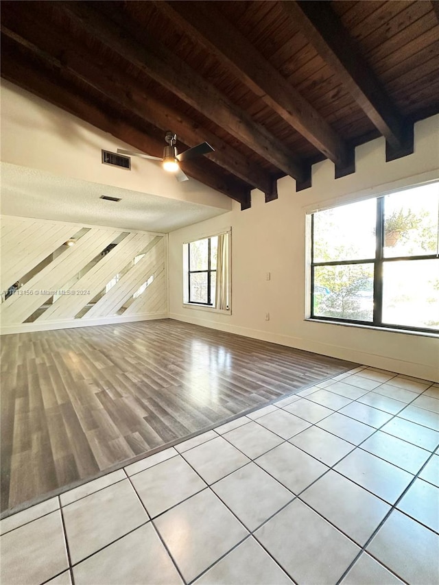 interior space with ceiling fan, beamed ceiling, wooden ceiling, and light wood-type flooring