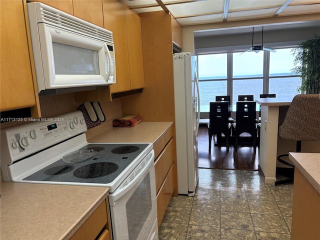 kitchen with a water view and white appliances