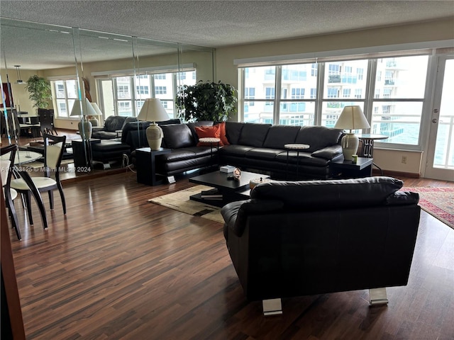 living room featuring dark hardwood / wood-style flooring, a healthy amount of sunlight, and a textured ceiling