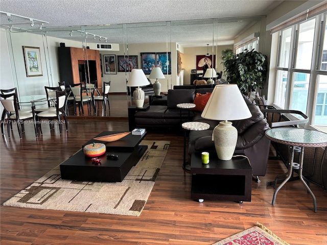 living room with rail lighting, wood-type flooring, and a textured ceiling